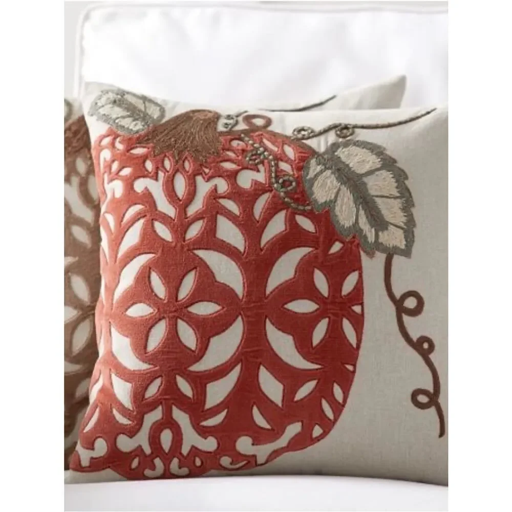 Set Of 2 Pottery Barn Fall Pumpkin Farmhouse Embroidered Pillow Covers 18x18